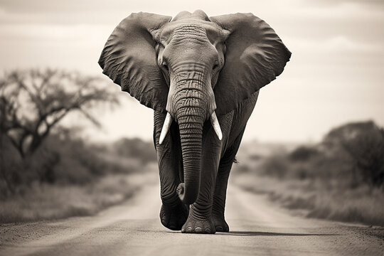 black and white image of an elephant walking on the road