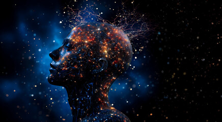Neural Networks of the Cosmic Mind: Human Silhouette with Starry Galaxy and Neural Patterns