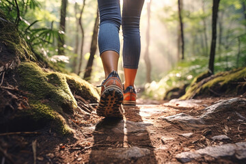 Back view of a young woman walking on the trail in a forest, close-up of a shoes