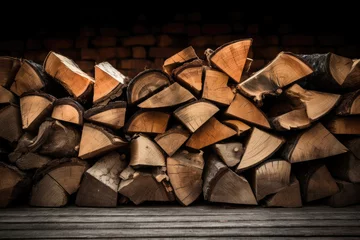 Tuinposter Stacked chopped firewood on the desk, brick wall on background © Aleksandr Bryliaev