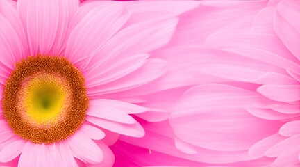 Pink gerbera flowers on the left side, pink background, top view