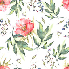Watercolor seamless pattern with flowers and leaves, gentle design, wedding pattern, peony pattern - 629785742