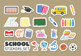 School supplies stickers vector set. Soroban, notebooks, sticky note, pencil case, textbooks, chalkboard flat vector illustration cartoon style clipart. Students, classroom, back to school concept