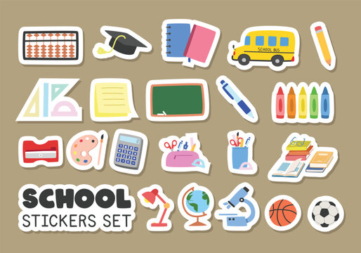 School supplies stickers vector set. Soroban, notebooks, sticky note, pencil case, textbooks, chalkboard flat vector illustration cartoon style clipart. Students, classroom, back to school concept