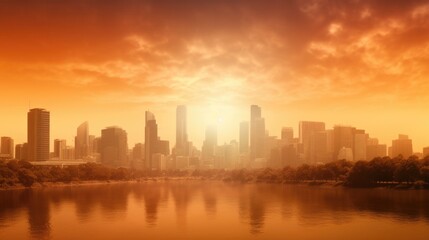 city skyline during a heatwave, with heat haze visible generative ai