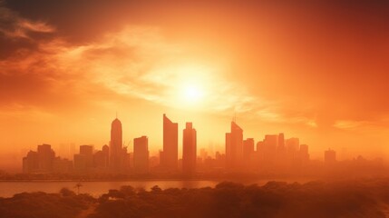Fototapeta na wymiar city skyline during a heatwave, with heat haze visible generative ai