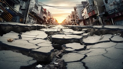 city street cracked and damaged after an earthquake generative ai