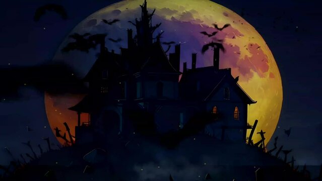 Scary Halloween Night: Ghosts and bats surround the moonlit haunted house amidst the haunted night sky. Seamless looping video animated virtual background.