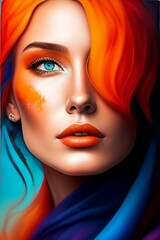 Woman face orange and blue hairs, blue eyes, oil painting, clear, close shot 