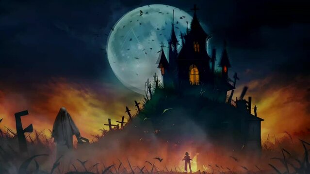 Scary Halloween Night: Ghosts and bats surround the moonlit haunted house amidst the haunted night sky. Seamless looping video animated virtual background.
