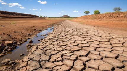 Fototapeta premium dried-up riverbed, symbolizing the impact of prolonged drought generative ai