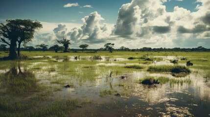 Obraz na płótnie Canvas flooded farmland, illustrating the impact of heavy rainfall on agriculture generative ai