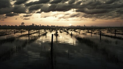 Obraz premium flooded farmland, illustrating the impact of heavy rainfall on agriculture generative ai