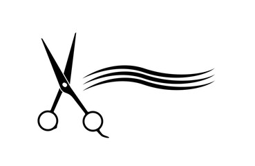 Black scissors cutting strand of hair - obrazy, fototapety, plakaty