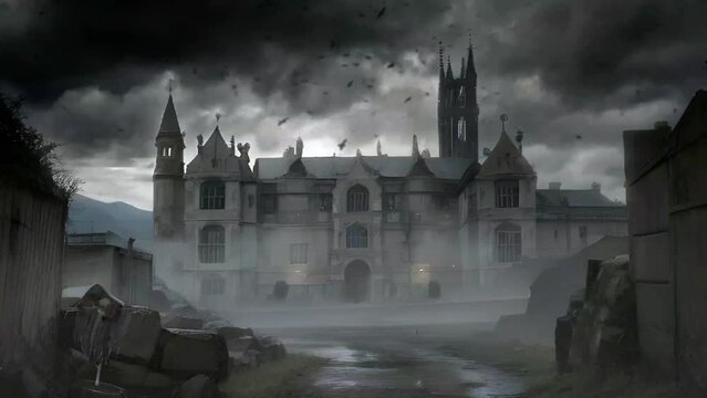Haunted deserted townscape on Halloween night. The old foggy castle is surrounded by bats and thunderstorms, creating a spooky atmosphere. Seamless looping video animation virtual background.
