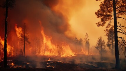 Fototapeta premium forest fire, with trees ablaze and smoke filling the air, symbolizing the destructive power of wildfires generative ai
