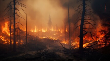 forest in the midst of a wildfire, symbolizing the destructive power of uncontrolled fires generative ai