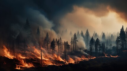 forest in the midst of a wildfire, symbolizing the destructive power of uncontrolled fires generative ai
