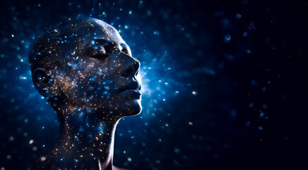 Interstellar Intelligence: Silhouetted Mind filled with Neural Electro Patterns. Neuroscience and Human AI concept.