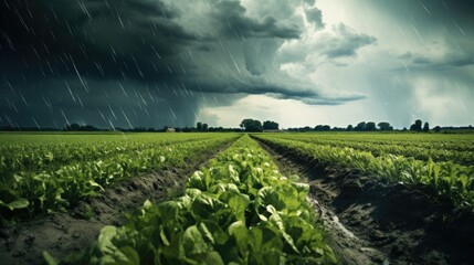 hailstorm damaging crops in a field, symbolizing the unpredictability and destructive power of weather generative ai - obrazy, fototapety, plakaty