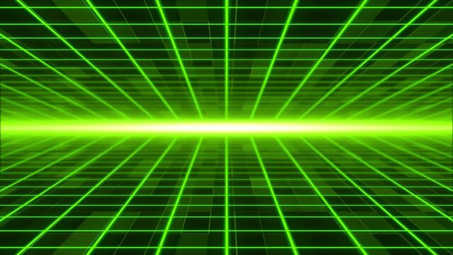 Moving Abstract sci-fi grid with flickering optical flare on the background Bright glowing neon lights