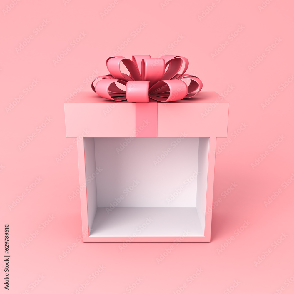 Poster sweet exhibition booth gift box product display mock up stand with pink ribbon bow isolated on pink 