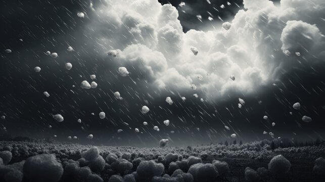 hailstorm, with large hailstones visible against a dark sky, illustrating extreme weather condition generative ai