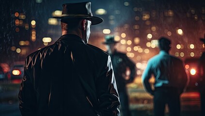 detective at night talking to police officers generative AI - obrazy, fototapety, plakaty