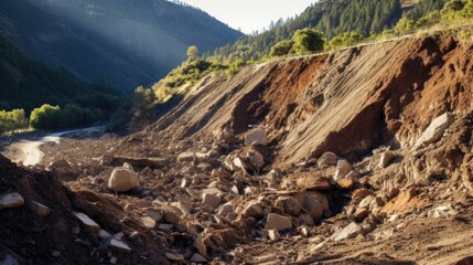 landslide in progress, with rocks and dirt tumbling down a hillside, representing the danger of soil erosion and instability generative ai