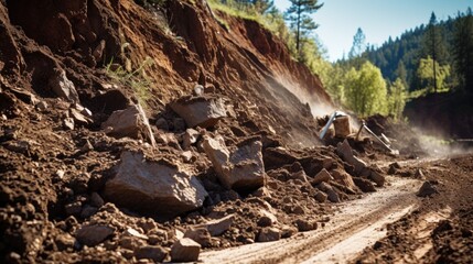 landslide in progress, with rocks and dirt tumbling down a hillside, representing the danger of soil erosion and instability generative ai