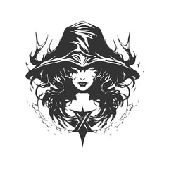 xenoavenger witch, vintage logo line art concept black and white color, hand drawn illustration