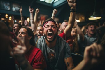 A group of American football fans watching the game live in a sports pub on TV. support their team The crowd was delighted when the team scored and won the title.