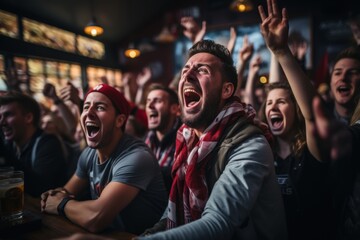 Fototapeta premium A group of American football fans watching the game live in a sports pub on TV. support their team The crowd was delighted when the team scored and won the title.
