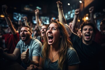 Obraz premium A group of American football fans watching the game live in a sports pub on TV. support their team The crowd was delighted when the team scored and won the title.