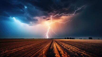 lightning strike in a field, representing the sudden and unpredictable nature of thunderstorms. generative ai