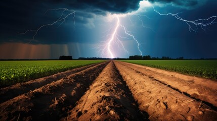 lightning strike in a field, representing the sudden and unpredictable nature of thunderstorms. generative ai