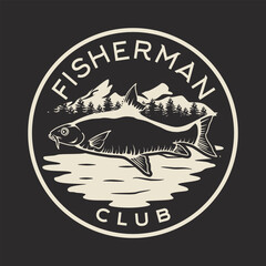 Fototapeta premium Fisherman Club with Fish Vector Vintage Emblem Logo