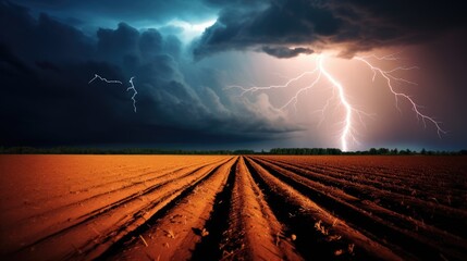lightning strike in a field, representing the sudden and unpredictable nature of thunderstorms. generative ai