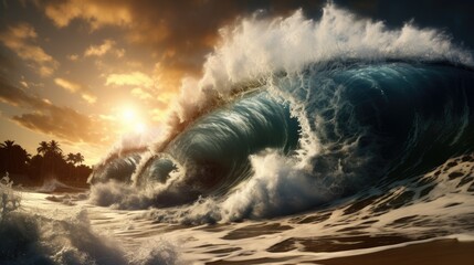 massive wave crashing onto the shore during a tsunami, illustrating the devastating impact of natural disasters generative ai