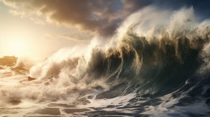 Fototapeta premium massive wave crashing onto the shore during a tsunami, illustrating the devastating impact of natural disasters generative ai