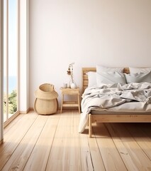 Home mockup with Coastal boho style bedroom, 3D render. Created with Generative AI technology