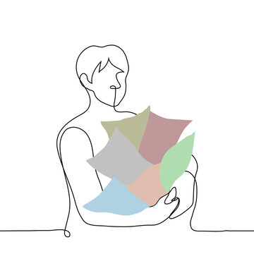 recommend clip art: man standing or carrying many packages of snacks - one line art vector. concept of stocking chips, overeating, stress eating