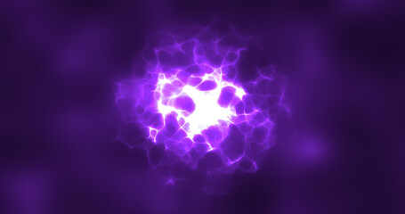 Abstract purple energy round sphere glowing with particle waves hi-tech digital magic abstract background