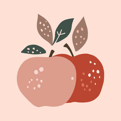 Hand drawn abstract boho poster with apples fruit, isolated. Vector flat illustration. For pattern, logo, posters, invitation, greeting card, wall art print. 