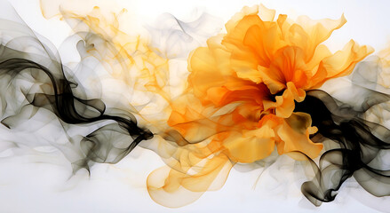 Abstract Orange and Black Flower Ink Cloud on White Background - Generative AI