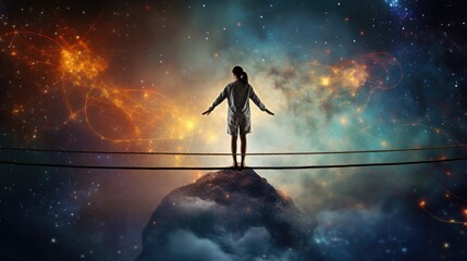 Fototapeta premium person balancing on a tightrope, illustrating the concept of mental balance, risk, and the challenges of maintaining mental health generative ai