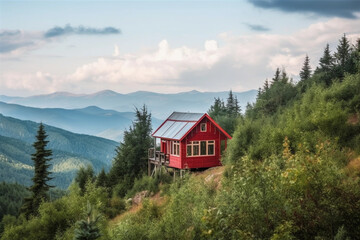 Fototapeta premium Red cabin in mountains