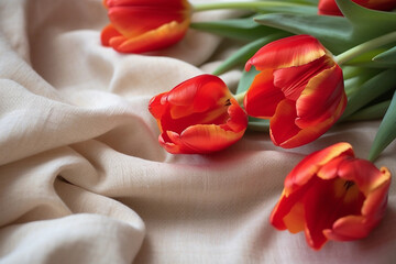 Red tulips on white linen