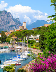 Landscape with Malcesine town, Garda Lake, Italy - obrazy, fototapety, plakaty