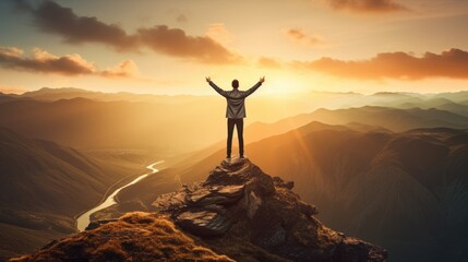 person standing at the top of a mountain, illustrating the concept of achievement and success generative ai